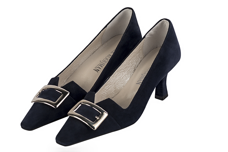 Navy blue women's dress pumps,with a square neckline. Tapered toe. Medium spool heels. Front view - Florence KOOIJMAN